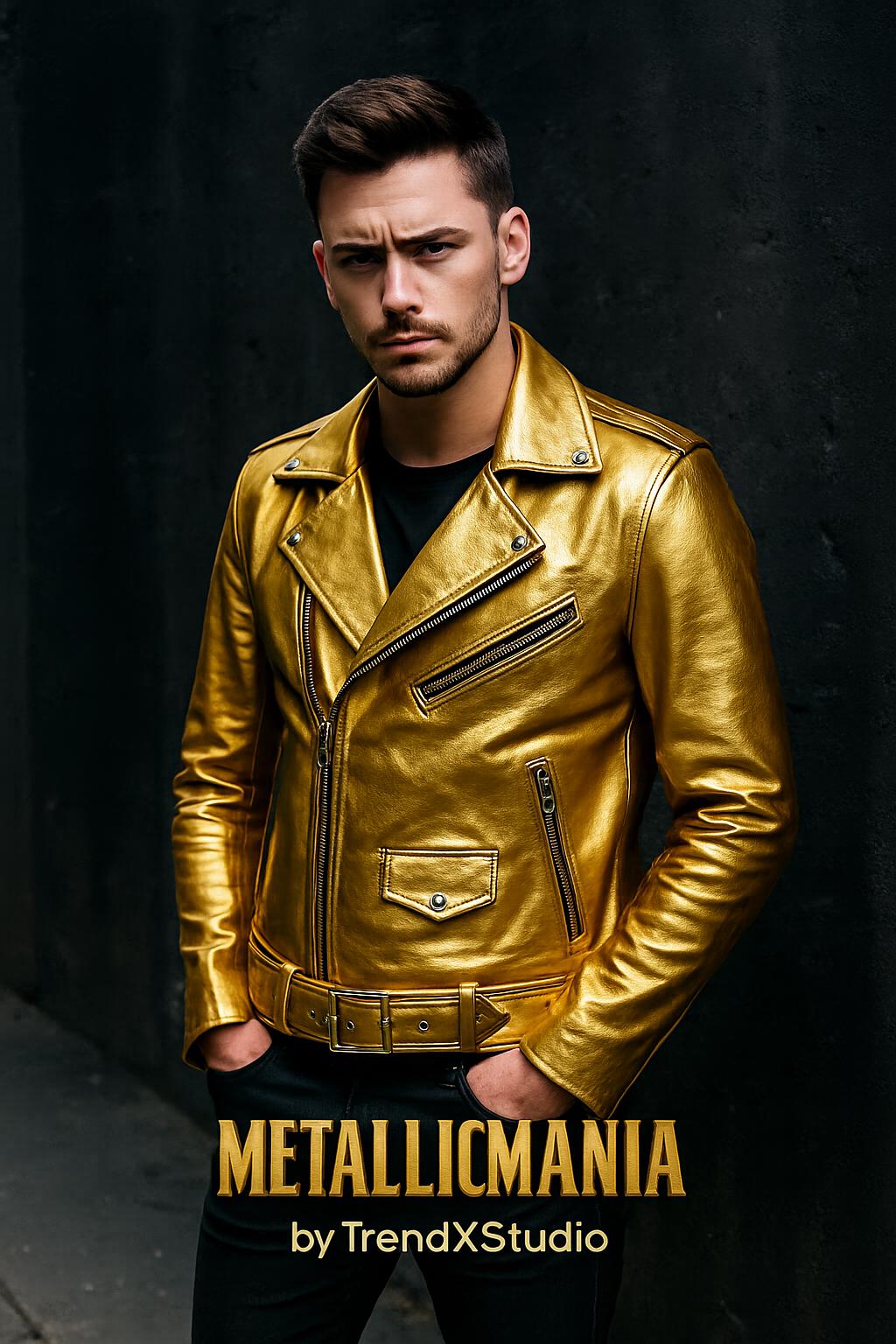 ジャケット Golden  Black leather jacket with a glossy effect Men's black leather biker jacket with glossy effect