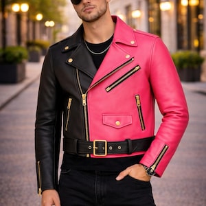 Hot Pink and Black Leather Jacket – Gold Hardware – Statement Two-Tone Moto | Unisex Fashion Hot Pink Gold