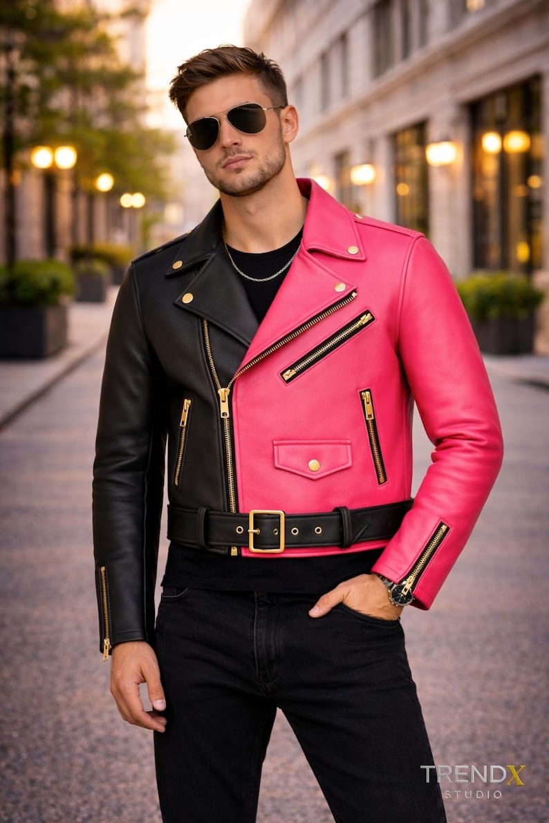 Hot Pink and Black Leather Jacket – Gold Hardware – Statement Two-Tone Moto | Unisex Fashion Hot Pink Gold