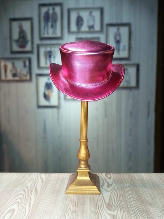 Pink Metallic Leather Top Hat Men & Womens - Classic Marlow Style Unbanded - Handmade Leather Hats