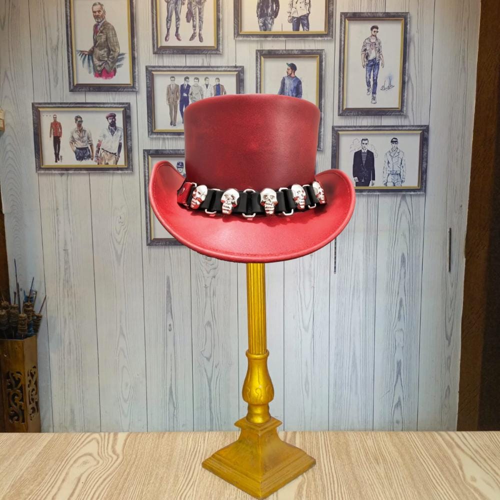【2.2万割引】Dangle Leather Burned Chain Hat Red Leather Top Hat – Skull Chain Handmade Biker Hat – Gothic