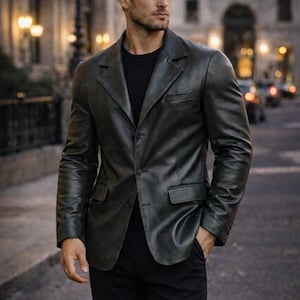 Men’s Black Leather Blazer – Handmade Sheepskin Jacket for Formal & Casual Wear – Soft Goatskin Coat!