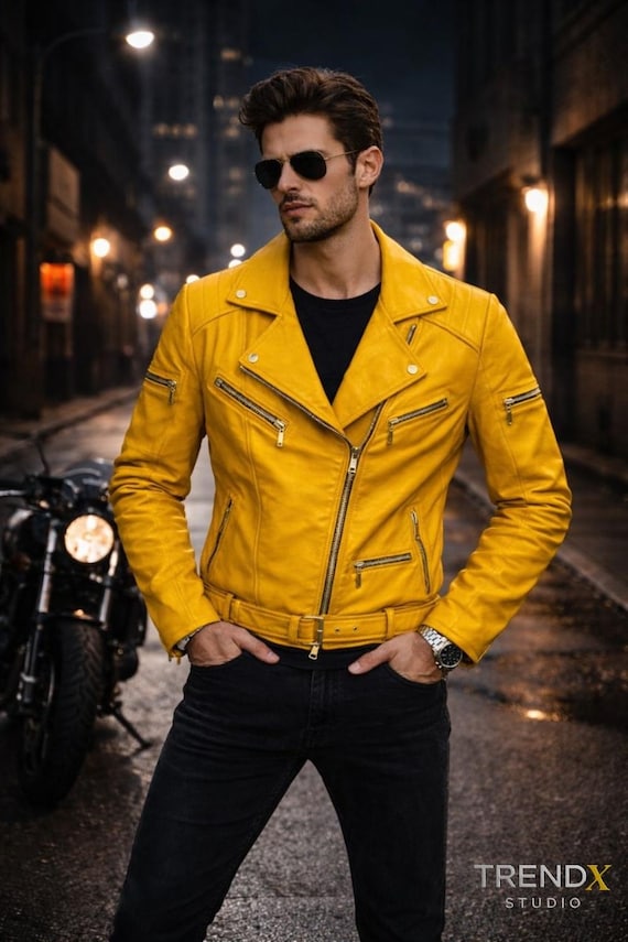 Handmade Yellow Leather Biker Jacket: Cropped Moto with Gold Zippers