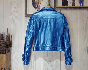 Blue Metallic Leather Biker Jacket: Vintage Motorcycle Style