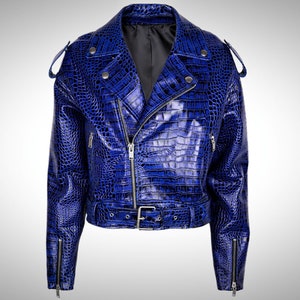 May include: A blue faux crocodile leather motorcycle jacket with a zipper closure and a belt at the waist.