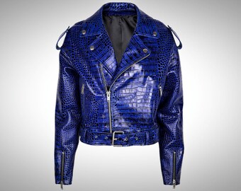 Men's Real Leather Crocodile Embossed Biker Jacket: Black