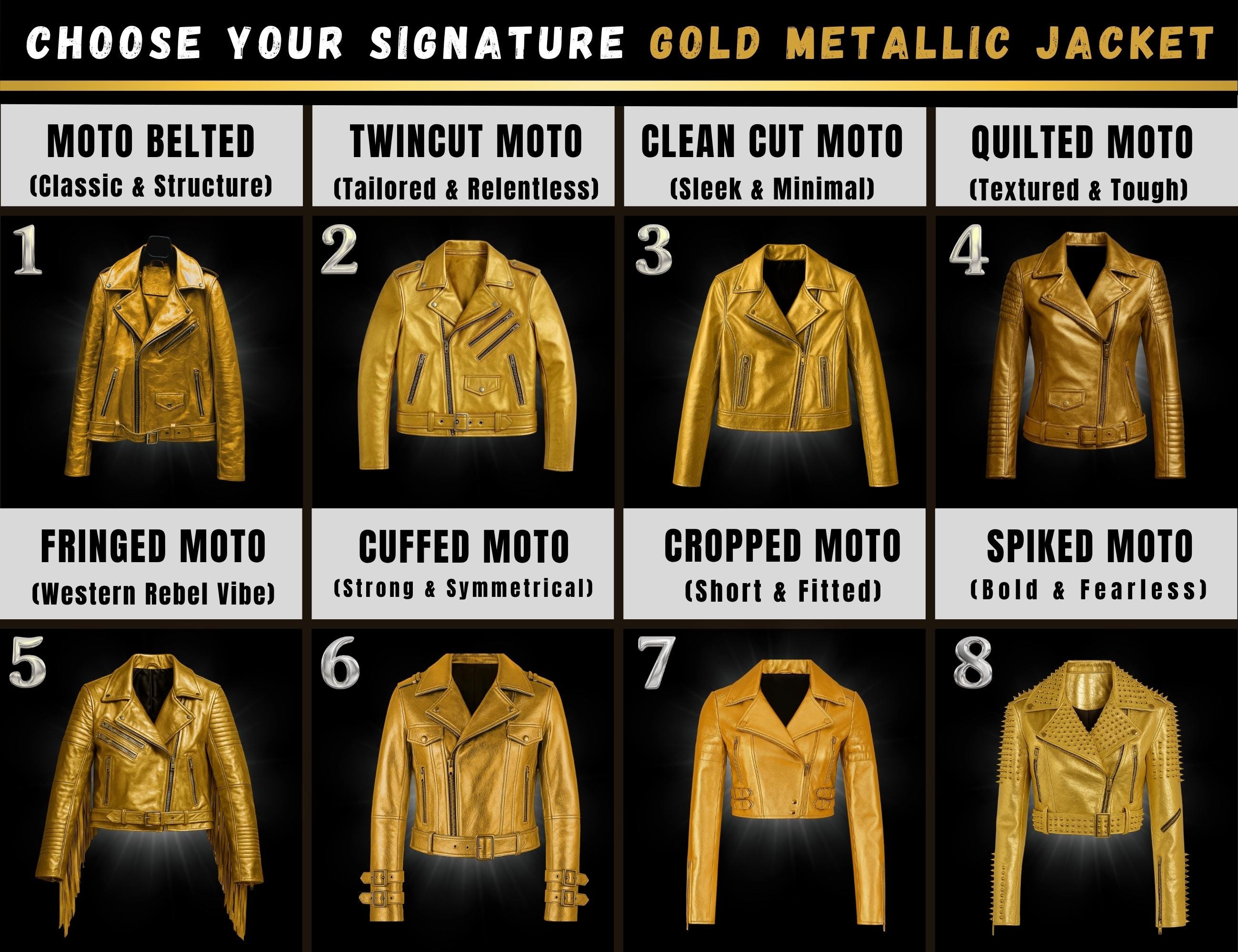 GOLD レザージャケット Gold Metallic Cropped Moto Jacket: Real Leather Biker Style - Etsy