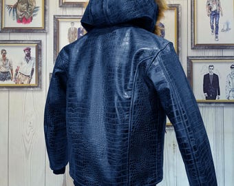 Men's Hooded Blue Croc Leather Jacket – Luxurious Winter Bomber