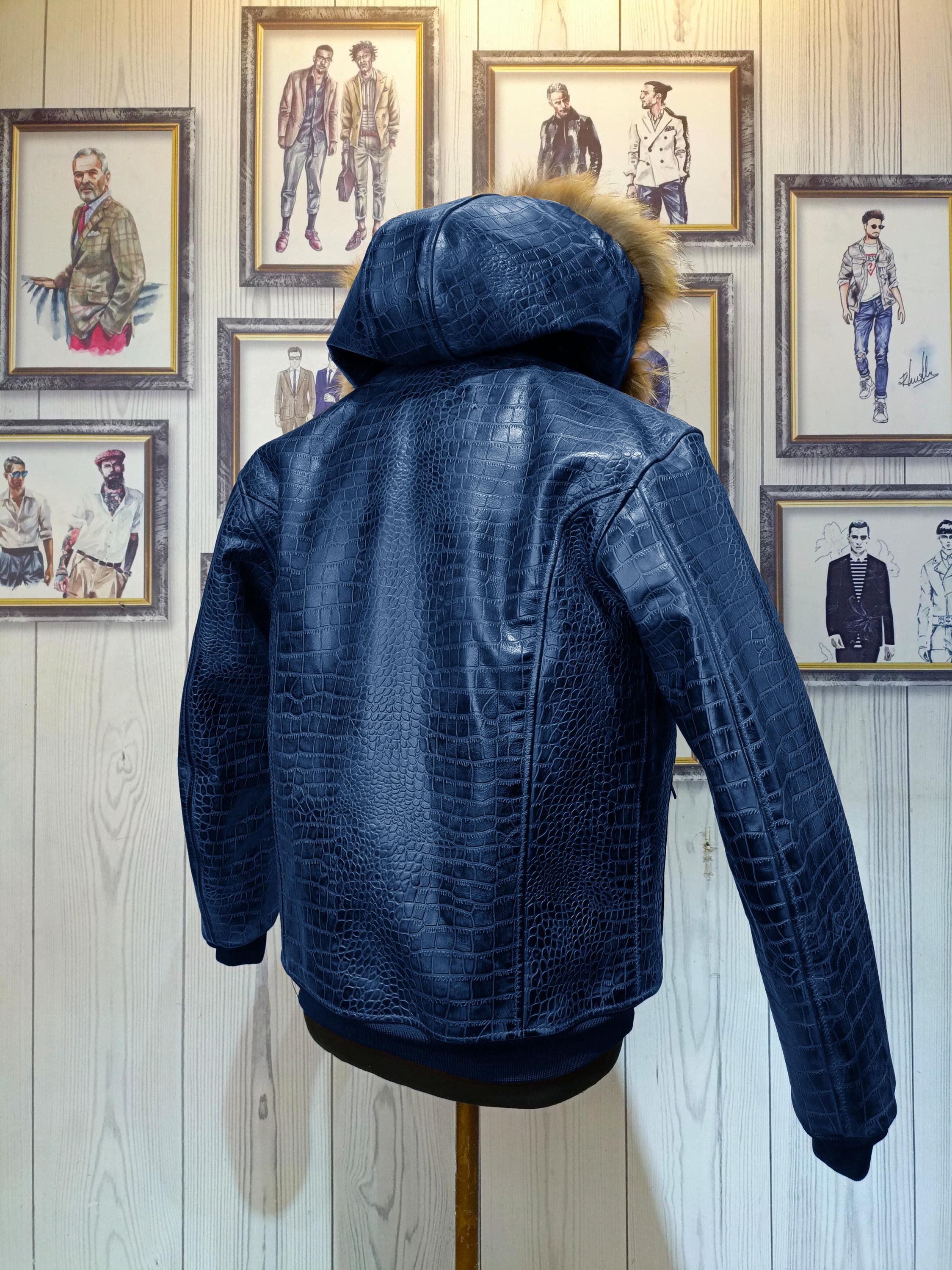 Men's Hooded Blue Croc Leather Jacket – Luxurious Winter Bomber