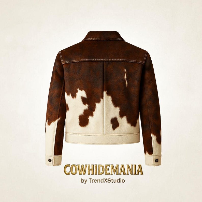 May include: A brown and white cowhide jacket with a classic collar and buttoned cuffs. The jacket features a brown upper section and a white lower section, with a cowhide pattern. The text "COWHIDEMANIA by TrendXstudio" is at the bottom.