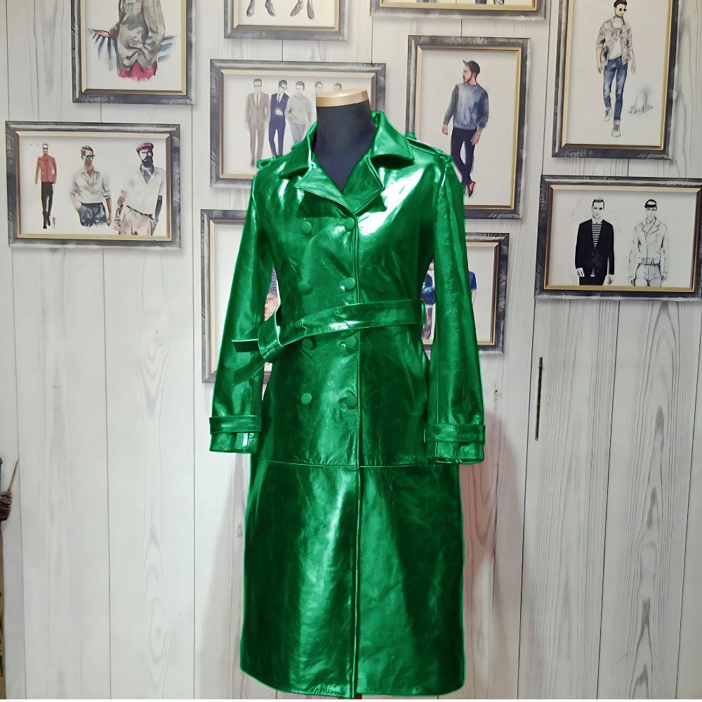 Metallic Pink Leather Trench Coat: Vintage-inspired Belted Long