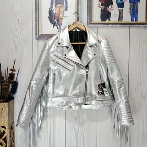 Womens Silver Metallic Leather Fringe Biker Jacket: Belted Moto Coat
