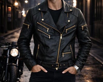 Handmade Cropped Leather Biker Jacket: Modern Moto with Gold Zippers