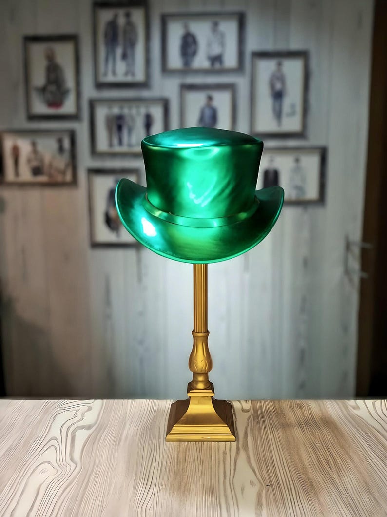 Green Metallic Leather Top Hat Men & Womens - Classic Marlow Style Unbanded - Handmade Leather Hats