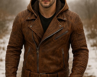Brown Hooded Leather Jacket for Men – Distressed Hybrid Moto Tactical Edition