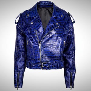 Men’s Blue Crocodile Leather Moto Jacket featuring a vibrant biker style with an asymmetrical zipper, crafted for a bold and stylish look.