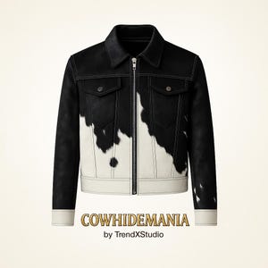 May include: A black and white cowhide jacket with a zipper closure, two chest pockets, and white stitching. The jacket features a cowhide pattern on the front and a white band at the bottom. The text "COWHIDEMANIA" is at the bottom.