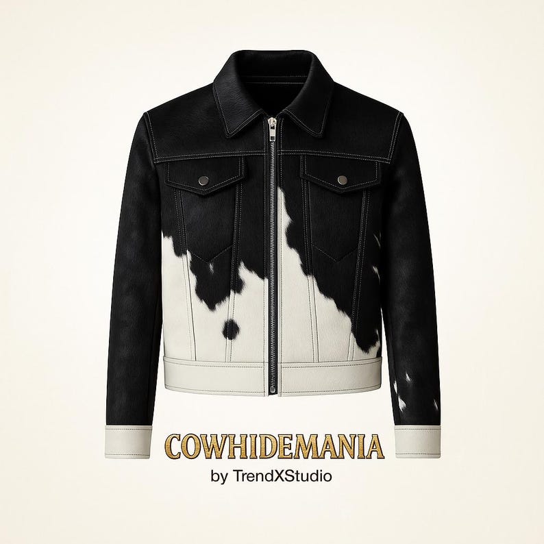 May include: A black and white cowhide jacket with a zipper closure, two chest pockets, and white stitching. The jacket features a cowhide pattern on the front and a white band at the bottom. The text "COWHIDEMANIA" is at the bottom.