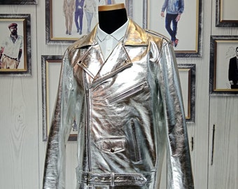 May include: A silver leather motorcycle jacket with a zipper closure and a belt at the waist.