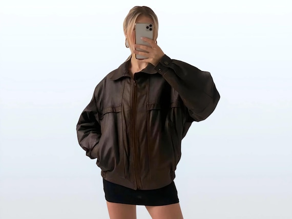 Vintage Oversized Brown Leather Bomber Jacket: 80s Retro Style - Etsy