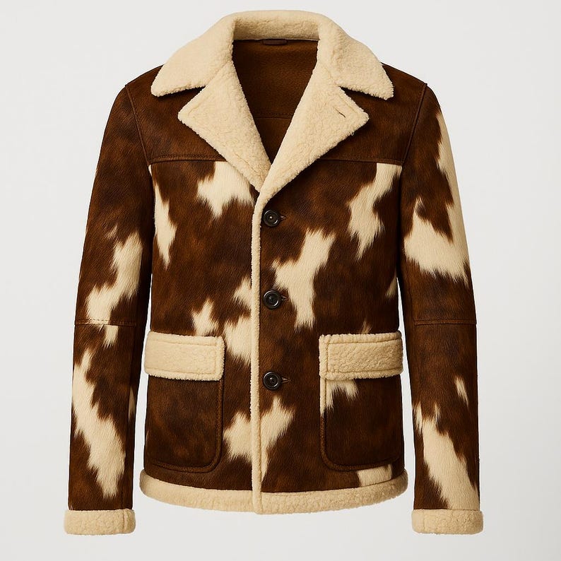 May include: A brown and cream shearling jacket with a cowhide pattern. The jacket has a cream shearling collar, cuffs, and pocket trim. It features three dark buttons and two front pockets. The jacket is a stylish outerwear item.