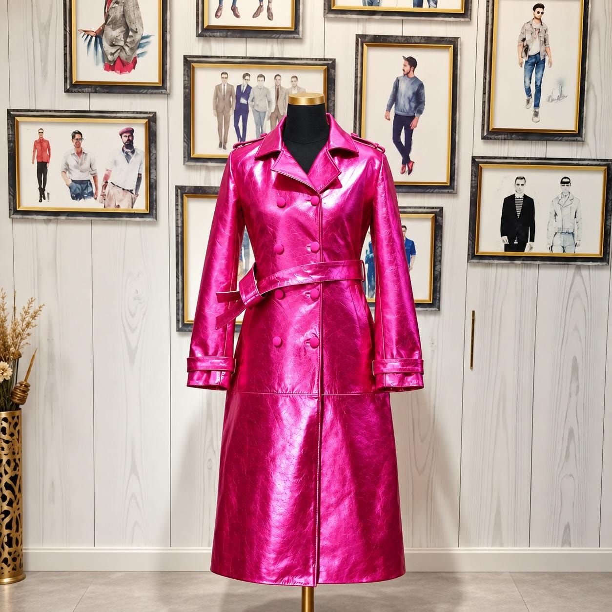 Fuchsia Metallic Leather Trench Coat – Vintage Double Breasted