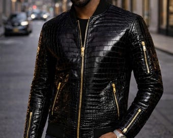 Exotic Black Leather Biker Jacket: Alligator Print, Gold Hardware
