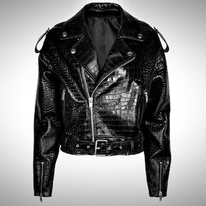 Men's Real Leather Crocodile Embossed Biker Jacket with Black Alligator Print - Personalized Gift For Him