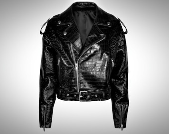 Men's Real Leather Crocodile Embossed Biker Jacket: Black
