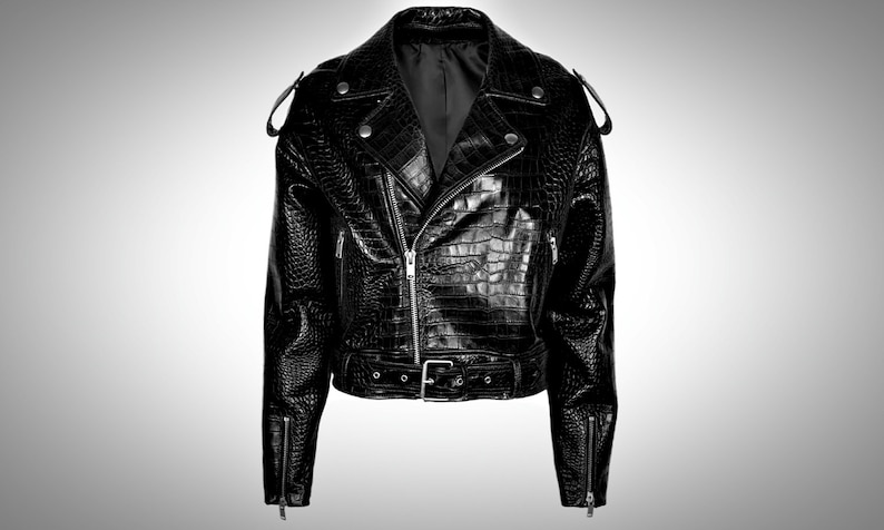 Men's Real Leather Crocodile Embossed Biker Jacket with Black Alligator Print - Personalized Gift For Him