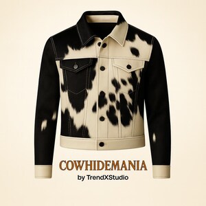 May include: A black and white cowhide jacket with a cream-colored collar, pockets, and hem. The jacket has black sleeves and a button-up front. The text "COWHIDEMANIA by TrendXStudio" is at the bottom.