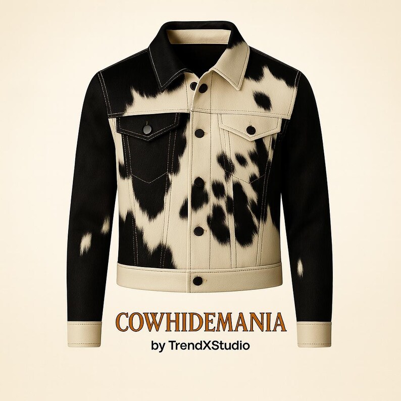 May include: A black and white cowhide jacket with a cream-colored collar, pockets, and hem. The jacket has black sleeves and a button-up front. The text "COWHIDEMANIA by TrendXStudio" is at the bottom.