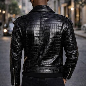 Men's Real Leather Crocodile Embossed Biker Jacket: Black Alligator Print image 2