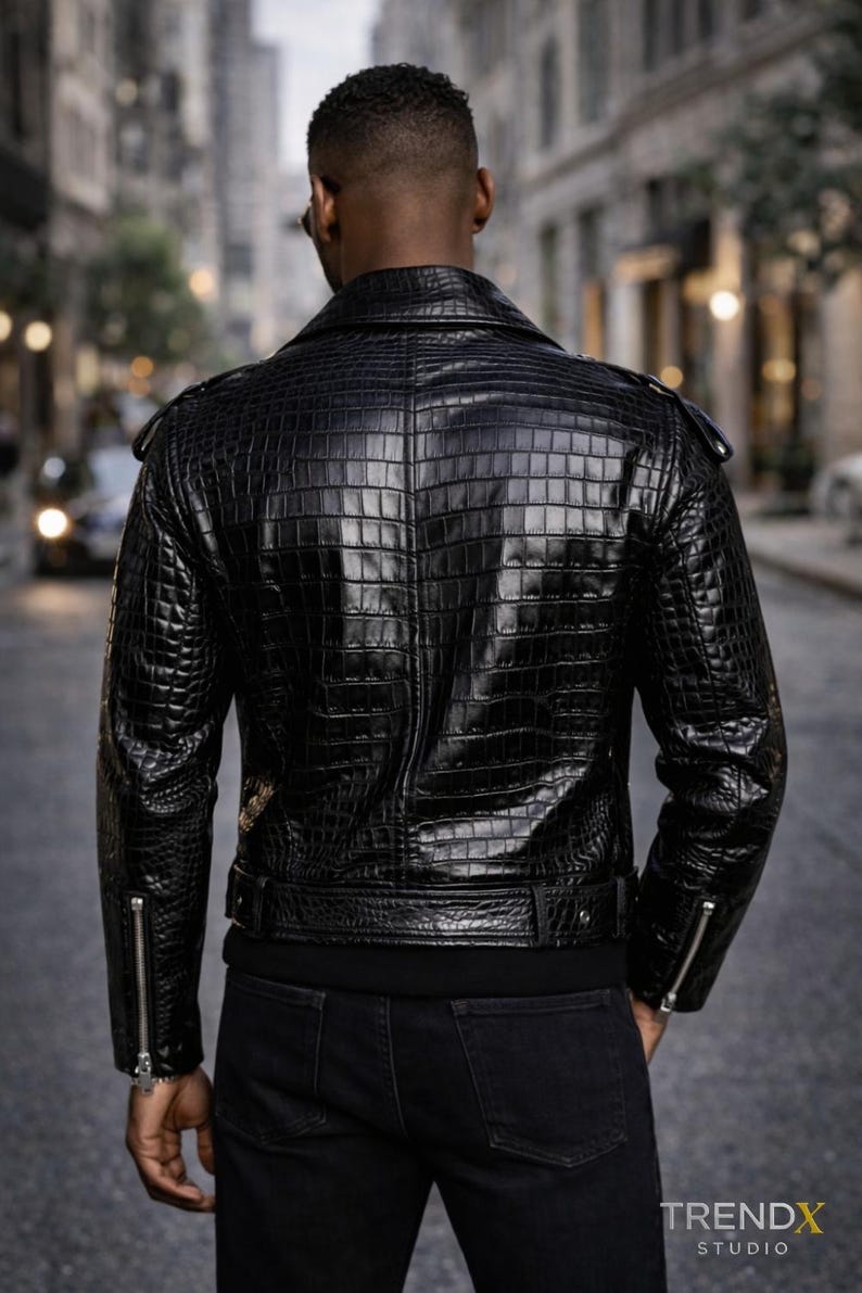 Men's Real Leather Crocodile Embossed Biker Jacket: Black Alligator Print image 2