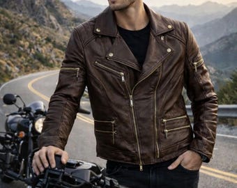 Handmade Cropped Brown Leather Biker Jacket: Modern Moto with Gold Zippers