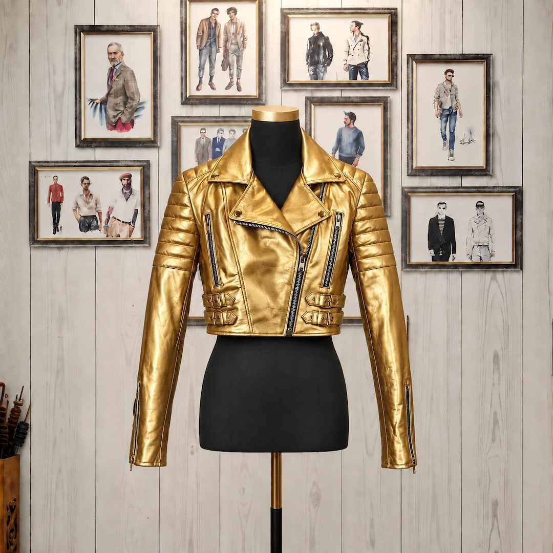 Women's Gold Metallic Cropped Jacket – Chic Fitted Leather Moto