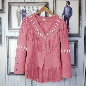 Women’s Western Fringe Pink Suede Jacket – Handmade Boho Leather Coat with Bone Beads – Vintage Cowgirl Style