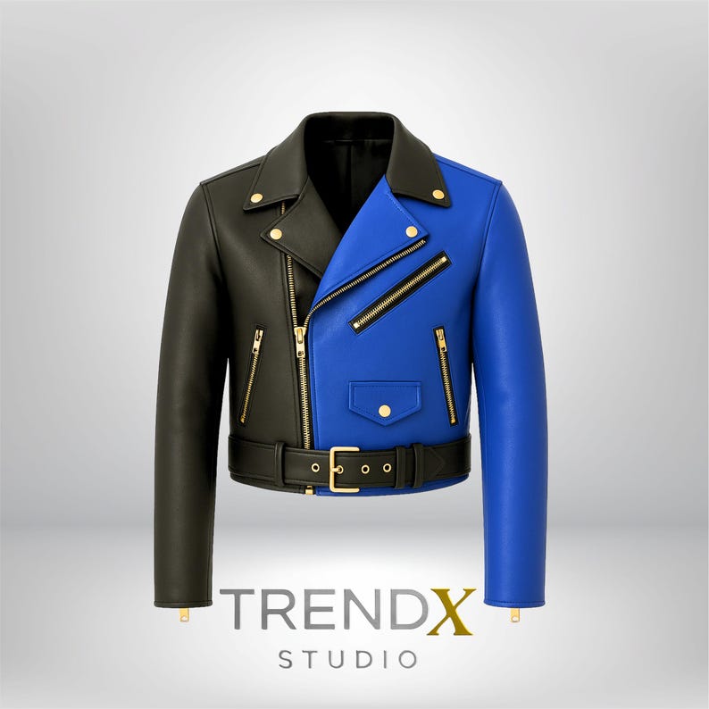 Black and blue leather moto jacket with silver hardware, centered glow on light grey background | TrendX Studio
