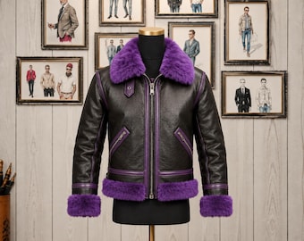 Black & Purple Fur Leather Aviator Jacket – Men's Runway Edition
