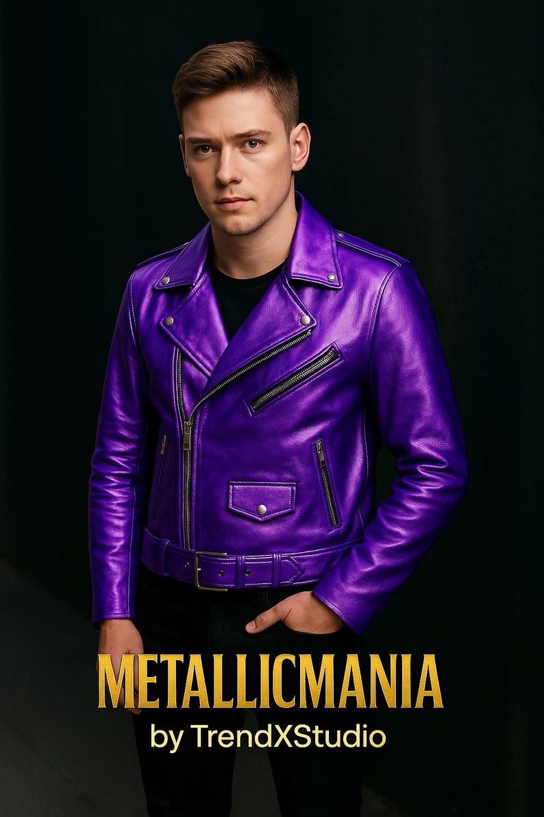 Metallic Purple Leather Moto Jacket: Women's & Men's Shiny Biker Jacket image 7