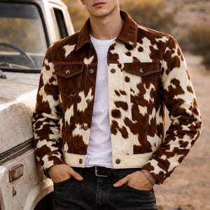 Brown Cowhide Trucker Jacket – Real Hair-On Leather – Unisex Western Rodeo Style – Cow Print Outfit Trucker1- BrownWhite