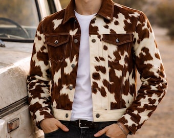 Brown Cowhide Trucker Jacket – Real Hair-On Leather – Unisex Western Rodeo Style – Cow Print Outfit