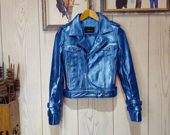 Blue Metallic Leather Biker Jacket: Vintage Motorcycle Style
