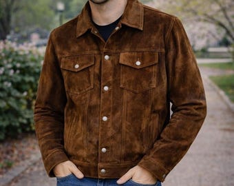 Dark Brown Suede Trucker Jacket Mens - Retro Calf Leather