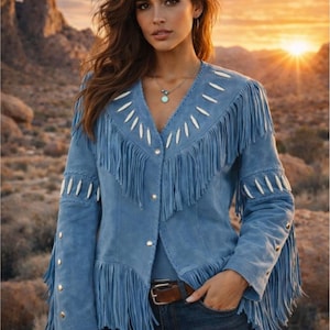 Handmade Light Blue Suede Fringe Jacket: Western Boho Bone Bead Leather Coat