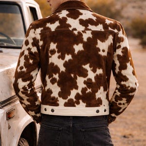 Brown Cowhide Trucker Jacket – Real Hair-On Leather – Unisex Western Rodeo Style – Cow Print Outfit image 2