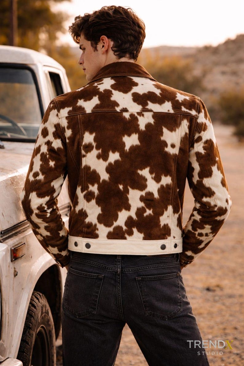 Brown Cowhide Trucker Jacket – Real Hair-On Leather – Unisex Western Rodeo Style – Cow Print Outfit image 2