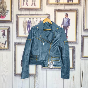 Women’s Cropped Light Blue Biker Leather Jacket – Modern Moto Style with Gold Zippers – Handmade Luxury Motorcycle Coat!