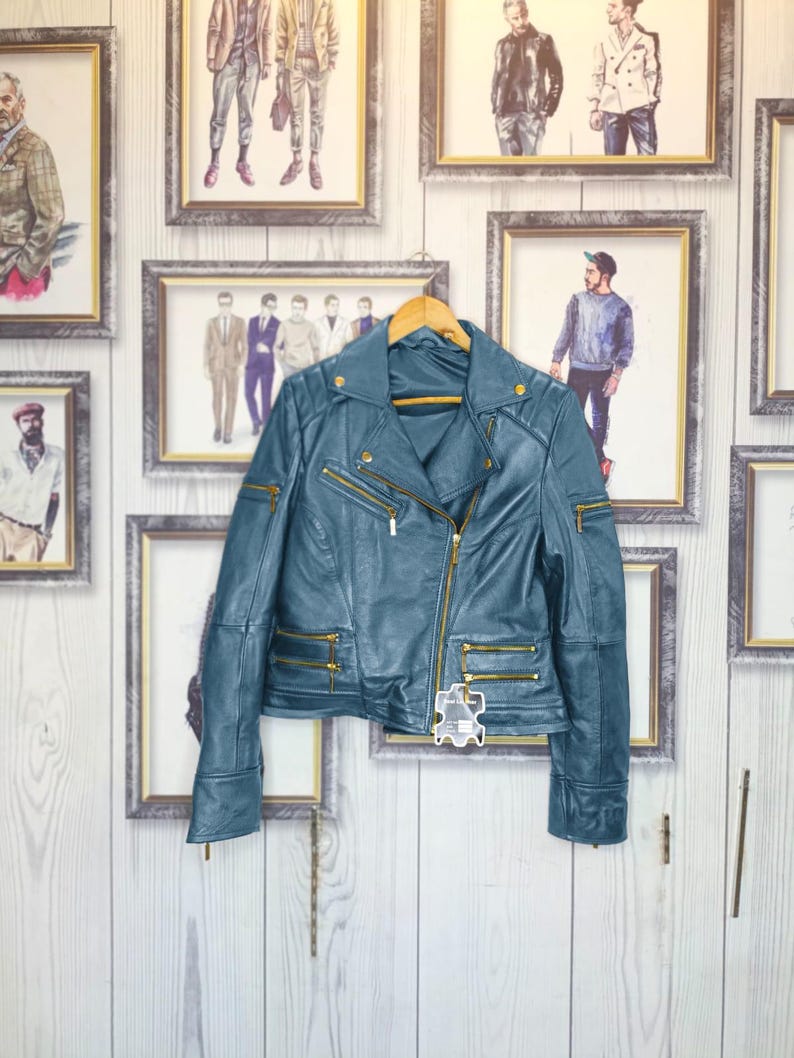 Women’s Cropped Light Blue Biker Leather Jacket – Modern Moto Style with Gold Zippers – Handmade Luxury Motorcycle Coat!