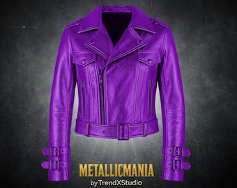 Purple Metallic Leather Jacket – Sleek Fit Moto Biker Style with Belted Cuffs | Unisex Fashion